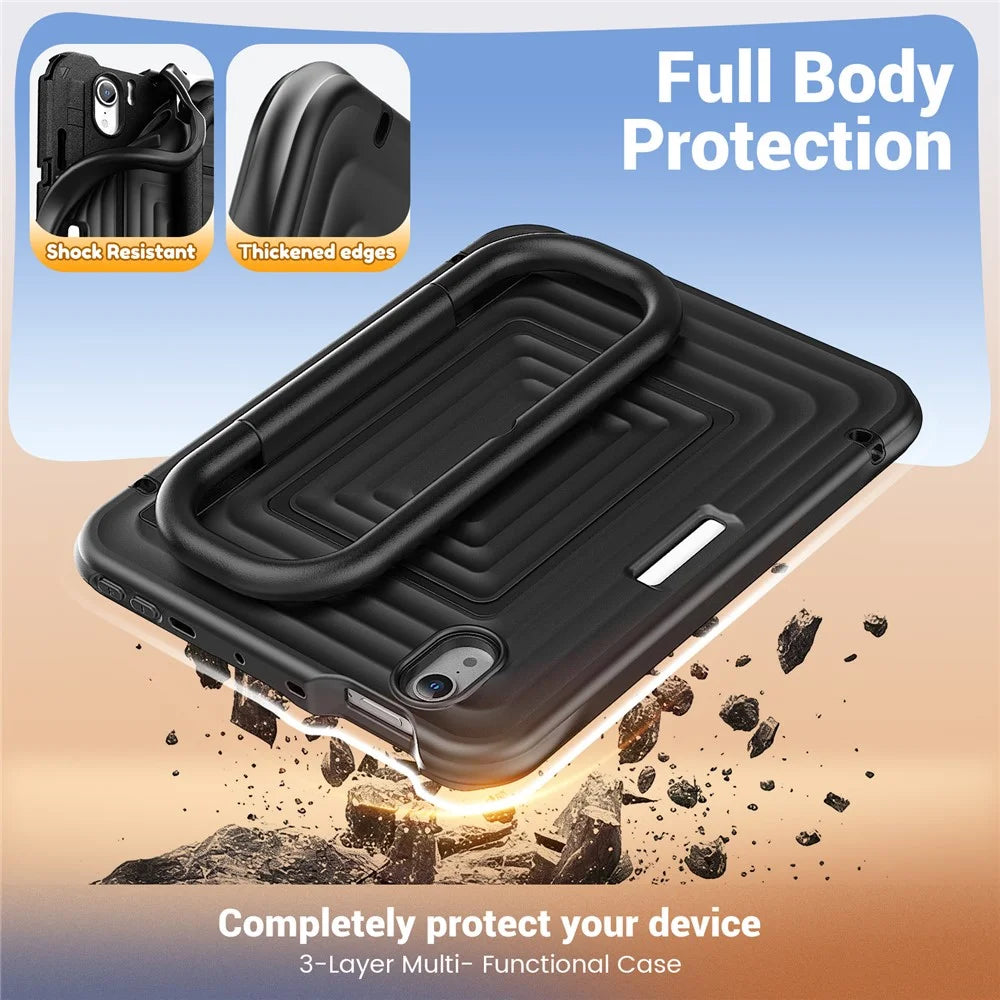 Tablet Case for iPad mini (2024)  /  (2021) Wavy Texture Silicone PC Cover with Kickstand   /   Shoulder Strap - Black - 4