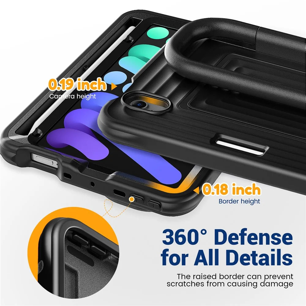 Tablet Case for iPad mini (2024)  /  (2021) Wavy Texture Silicone PC Cover with Kickstand   /   Shoulder Strap - Black - 5