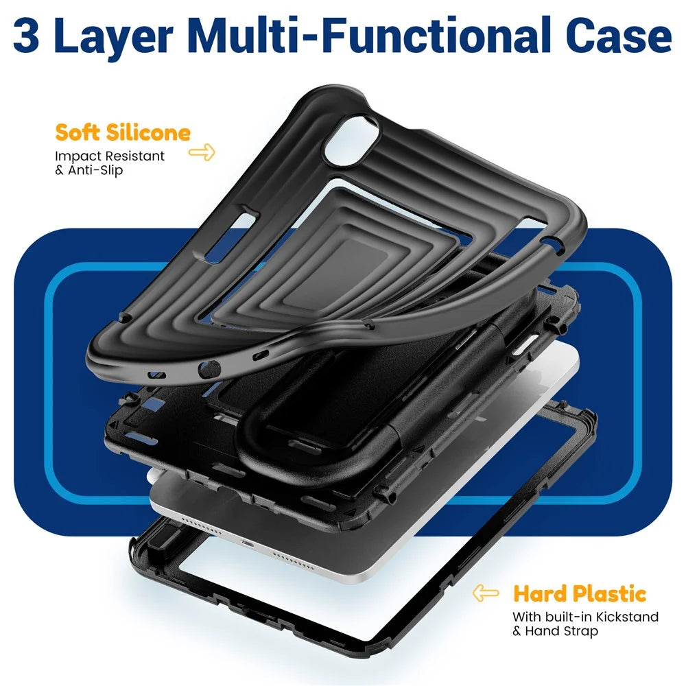 Tablet Case for iPad mini (2024)  /  (2021) Wavy Texture Silicone PC Cover with Kickstand   /   Shoulder Strap - Black - 7