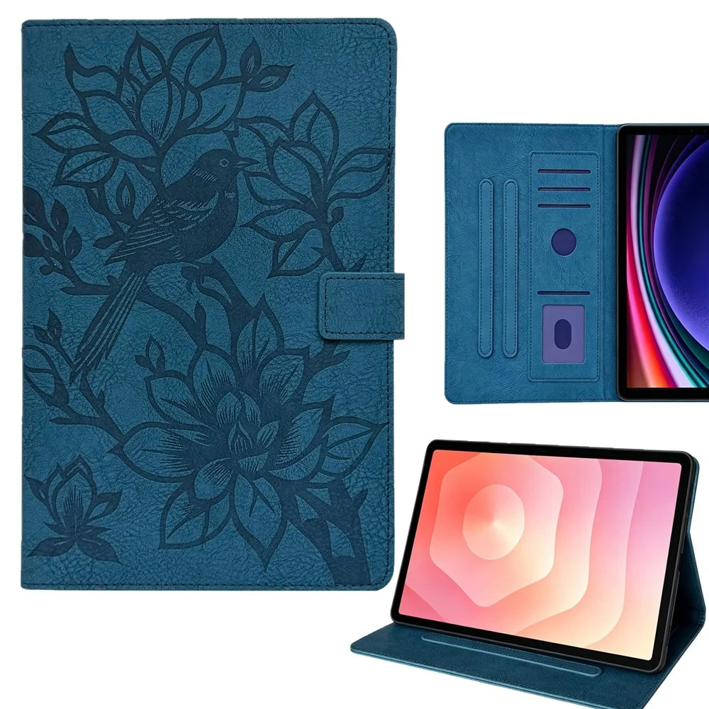 For Samsung Galaxy Tab S11 Tablet Case Embossed Magpie Pattern TPU PU Protective Cover with Card Slots - Blue - 1