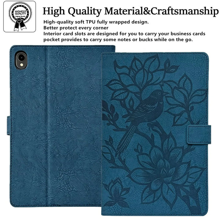For Samsung Galaxy Tab S11 Tablet Case Embossed Magpie Pattern TPU PU Protective Cover with Card Slots - Blue - 5