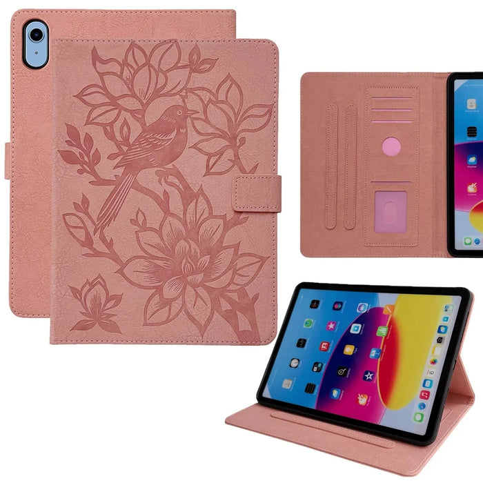 Tablet Case for iPad (2025)  /  10.9 (2022) Embossed Magpie Pattern TPU PU Protective Cover with Card Slots - Pink - 1