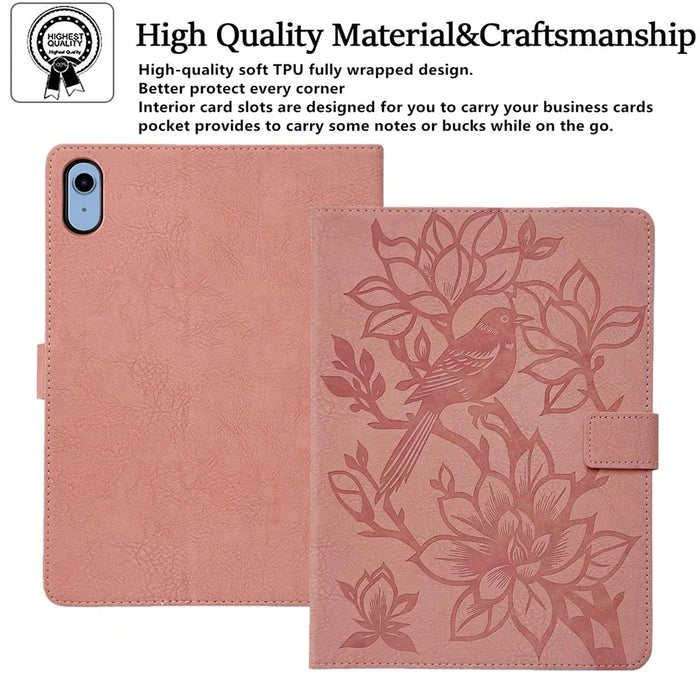 Tablet Case for iPad (2025)  /  10.9 (2022) Embossed Magpie Pattern TPU PU Protective Cover with Card Slots - Pink - 6