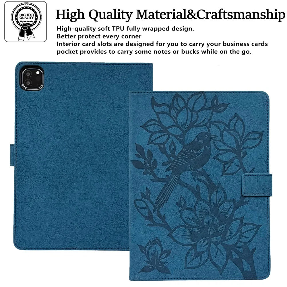 Tablet Case for iPad Pro 13 (2025)  /  (2024) Embossed Magpie Pattern TPU PU Protective Cover with Card Slots - Blue - 6