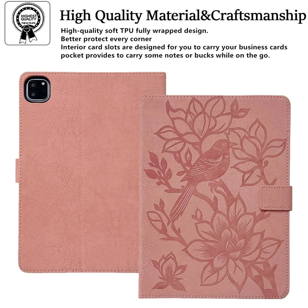 Tablet Case for iPad Air 13 (2026)  /  (2025)  /  (2024)  /  Pro 12.9 (2021)  /  (2020)  /  (2018) Embossed Magpie Pattern TPU PU Protective Cover with Card Slots - Pink - 6