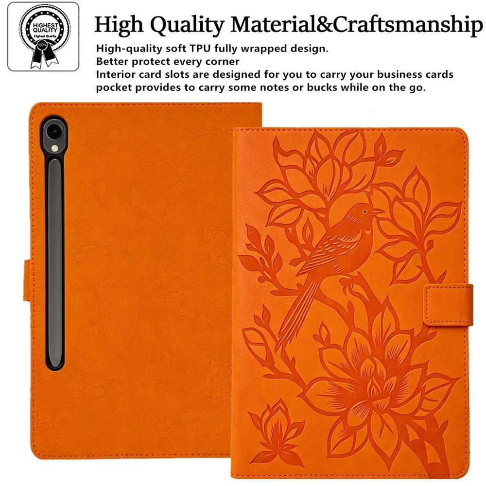 Tablet Case for Samsung Galaxy Tab S10 Lite / S10 FE+ / S9 FE / S9 Embossed Magpie Pattern TPU PU Protective Cover with Card Slots - Orange - 7