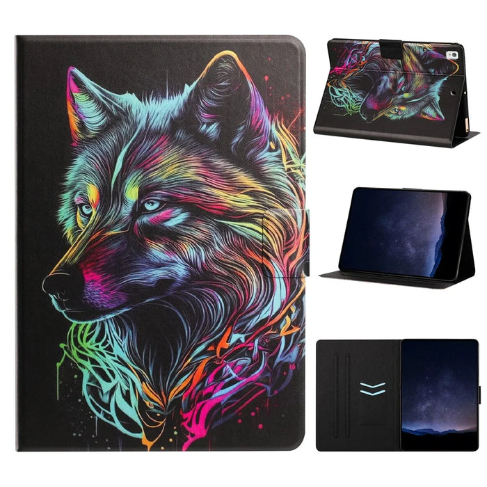 Tablet Case for iPad 10.2 (2021)   /  10.2 (2020)  /  10.2 (2019)  /  Air 10.5 inch (2019)  /  Pro 10.5-inch (2017) Leather Stand Case with Card Slots Litchi Pattern Magnetic Flip Protective Cover - Colorful Wolf - 1