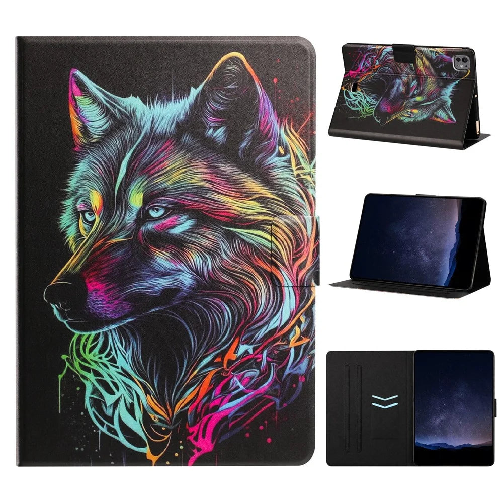 Tablet Case for iPad Pro 11 (2025)  /  (2024) Leather Stand Case with Card Slots Litchi Pattern Magnetic Flip Protective Cover - Colorful Wolf - 1