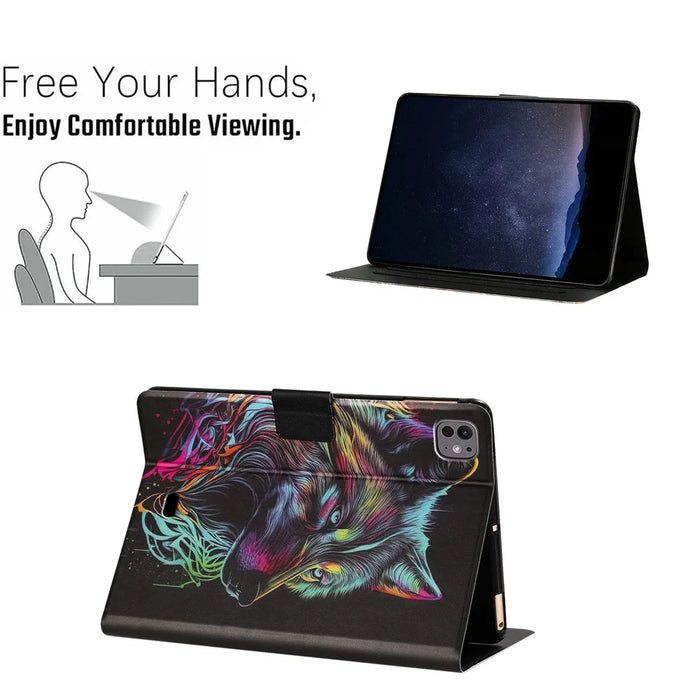 Tablet Case for iPad Pro 11 (2025)  /  (2024) Leather Stand Case with Card Slots Litchi Pattern Magnetic Flip Protective Cover - Colorful Wolf - 6