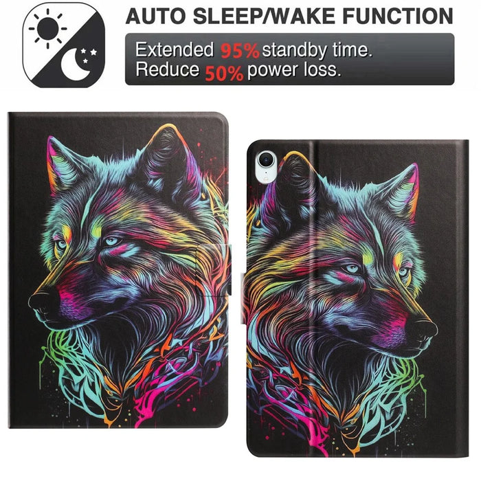 Tablet Case for iPad mini (2024)  /  (2021) Leather Stand Case with Card Slots Litchi Pattern Magnetic Flip Protective Cover - Colorful Wolf - 5
