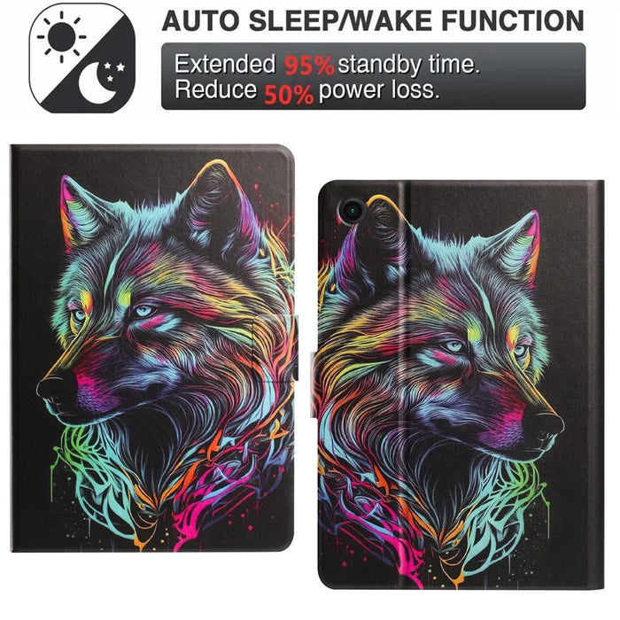 Tablet Case for Samsung Galaxy Tab A9  /  Tab A11 Leather Stand Case with Card Slots Litchi Pattern Magnetic Flip Protective Cover - Colorful Wolf - 5