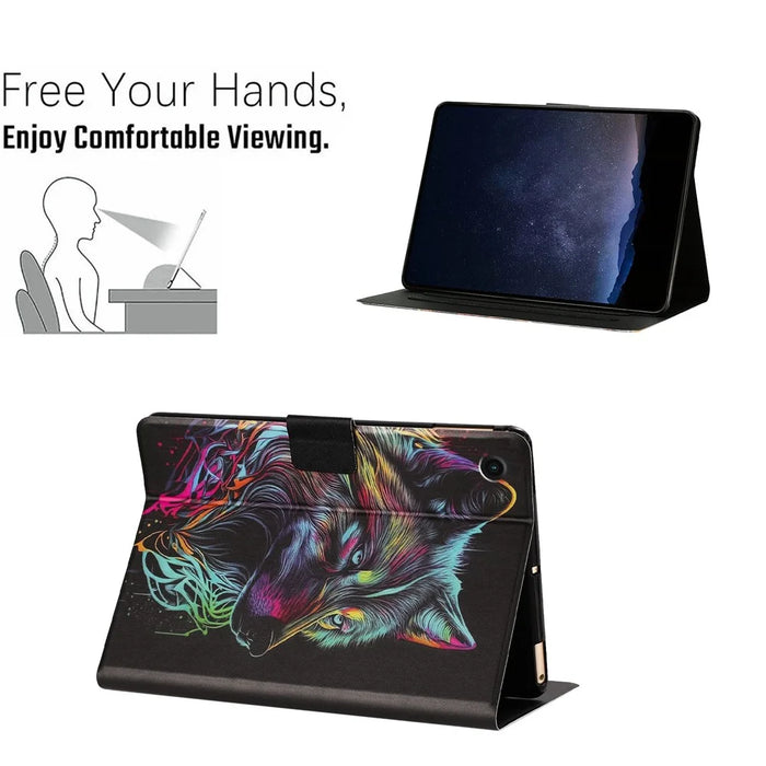 Tablet Case for Samsung Galaxy Tab A9  /  Tab A11 Leather Stand Case with Card Slots Litchi Pattern Magnetic Flip Protective Cover - Colorful Wolf - 6