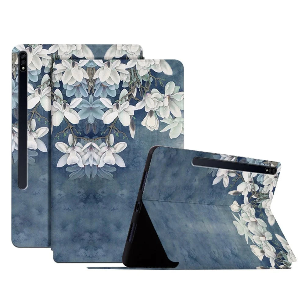 For Samsung Galaxy Tab S7 FE / S7+ SM-T970 / S8+ All-around Protection Flower Pattern Printed Tablet Case Anti-fall Leather + TPU Cover with Stand - Chinese Rose - 1