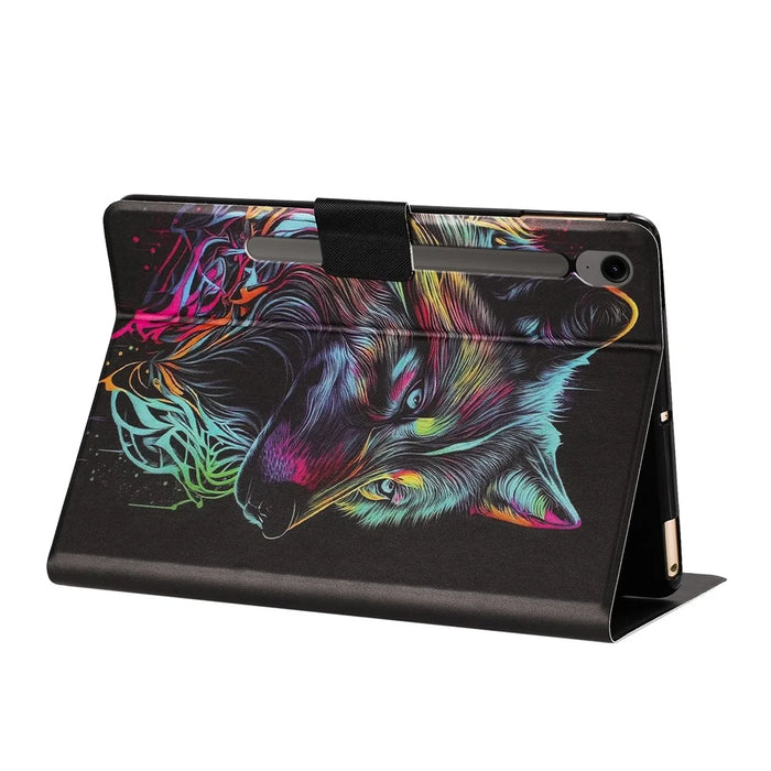 Tablet Case for Samsung Galaxy Tab S9  /  Tab S9 FE Leather Stand Case with Card Slots Litchi Pattern Magnetic Flip Protective Cover - Colorful Wolf - 4