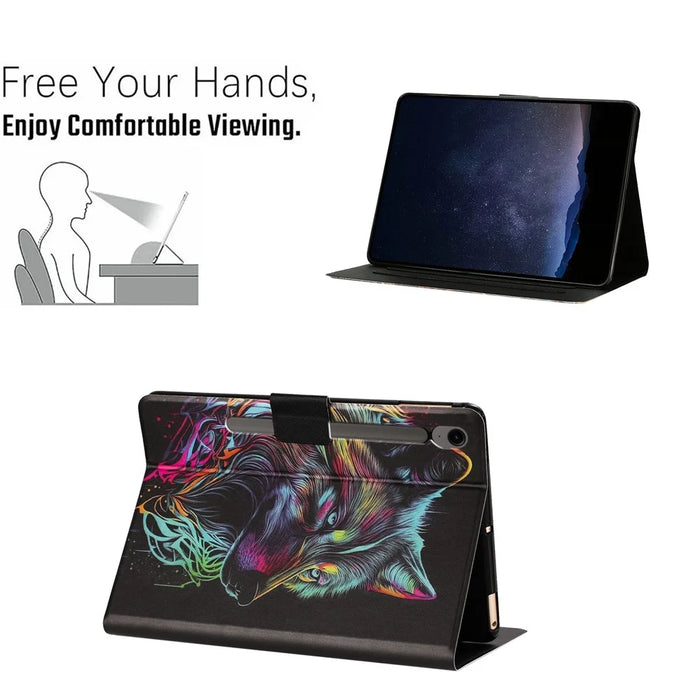 Tablet Case for Samsung Galaxy Tab S9  /  Tab S9 FE Leather Stand Case with Card Slots Litchi Pattern Magnetic Flip Protective Cover - Colorful Wolf - 6