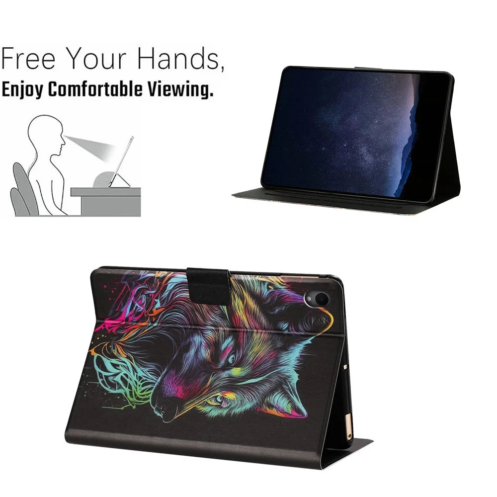 For Samsung Galaxy Tab S11 Tablet Case Leather Stand Case with Card Slots Litchi Pattern Magnetic Flip Protective Cover - Colorful Wolf - 6
