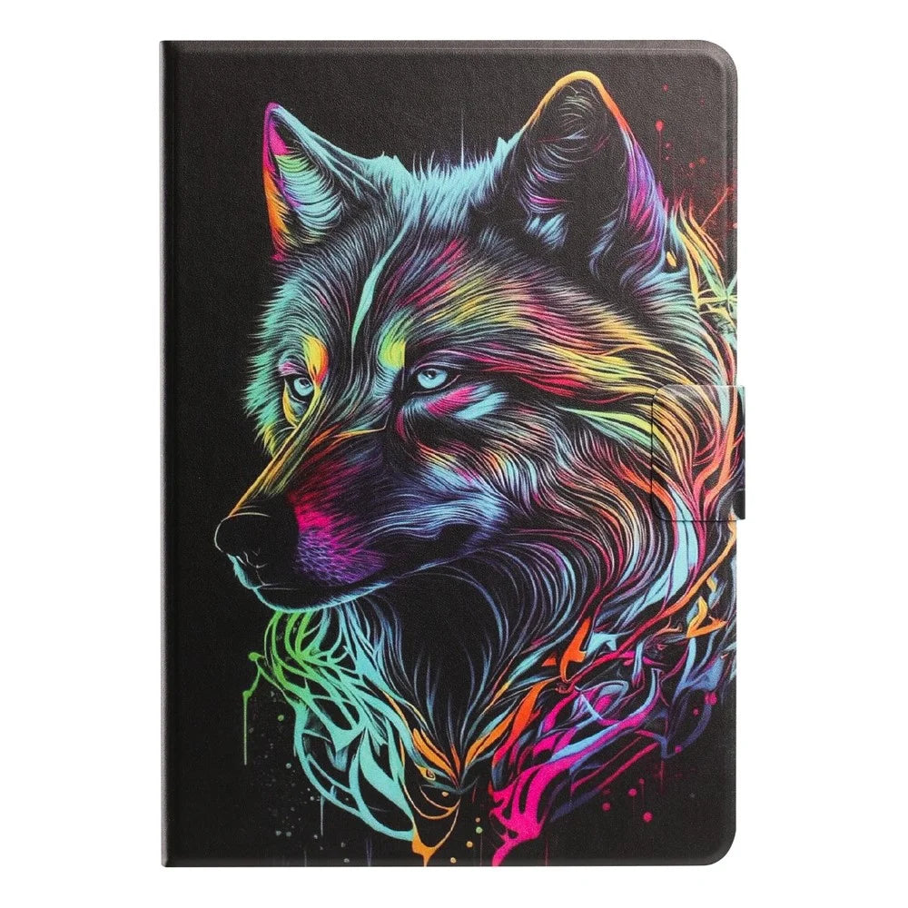 For Samsung Galaxy Tab S11 Tablet Case Leather Stand Case with Card Slots Litchi Pattern Magnetic Flip Protective Cover - Colorful Wolf - 7
