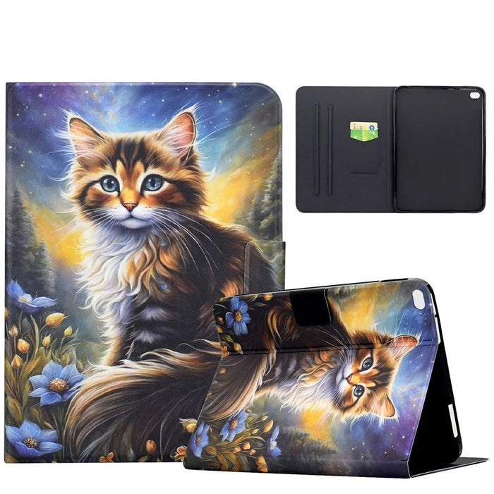 For iPad 9.7-inch (2018) / (2017) Case Pattern Printing Stand Leather Tablet Cover with Card Slots - Starry Night Cat - 1