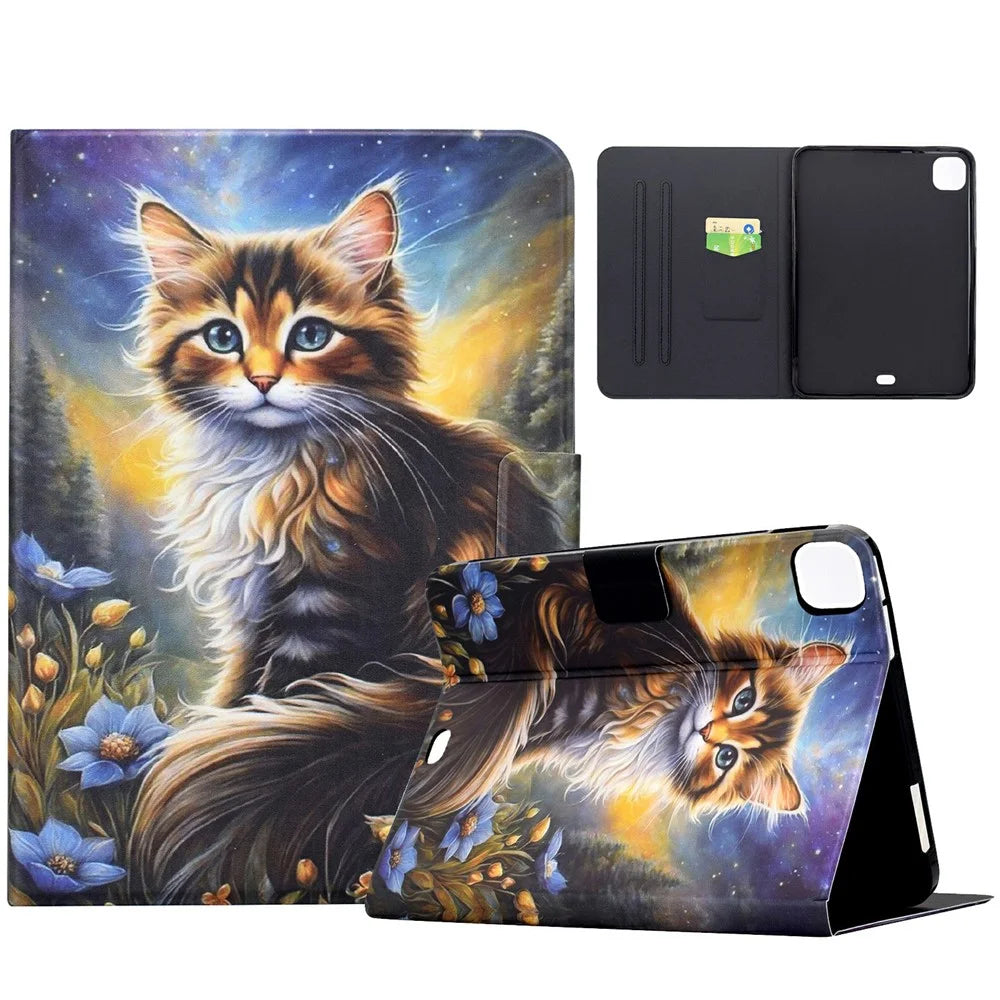 Tablet Case For iPad Pro 11 (2022) / (2021) / (2020) / (2018) Pattern Printing Stand Leather Cover with Card Slots - Starry Night Cat - 1