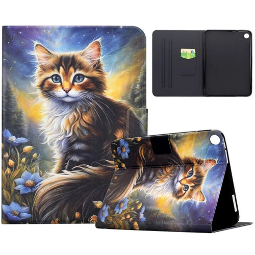 For Samsung Galaxy Tab A9+ Case Pattern Printing Stand Leather Tablet Cover with Card Slots - Starry Night Cat - 1