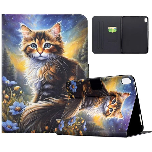 For Samsung Galaxy Tab S11 Case Pattern Printing Stand Leather Tablet Cover with Card Slots - Starry Night Cat - 1