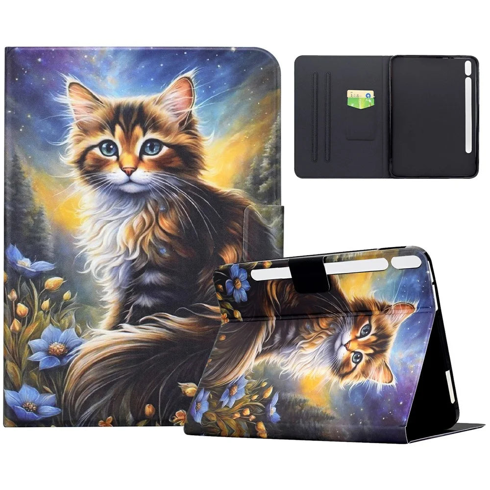 For Samsung Galaxy Tab S10 FE+ Case Pattern Printing Stand Leather Tablet Cover with Card Slots - Starry Night Cat - 1