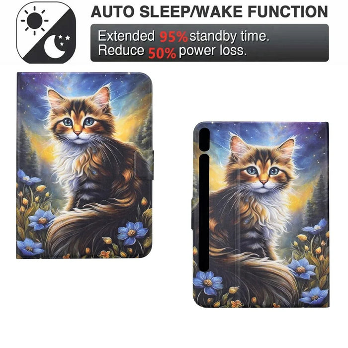 For Samsung Galaxy Tab S10 FE+ Case Pattern Printing Stand Leather Tablet Cover with Card Slots - Starry Night Cat - 5