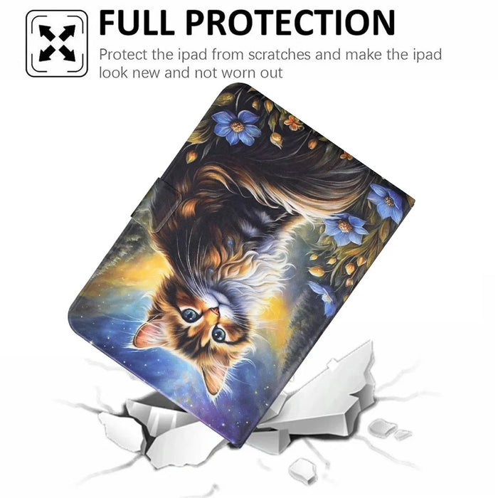 For Samsung Galaxy Tab S10 FE+ Case Pattern Printing Stand Leather Tablet Cover with Card Slots - Starry Night Cat - 7