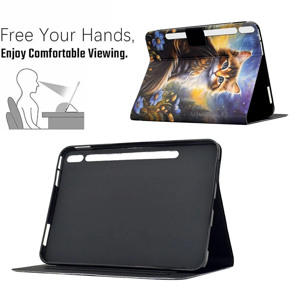 For Samsung Galaxy Tab S9 / Tab S9 FE Case Pattern Printing Stand Leather Tablet Cover with Card Slots - Starry Night Cat - 6