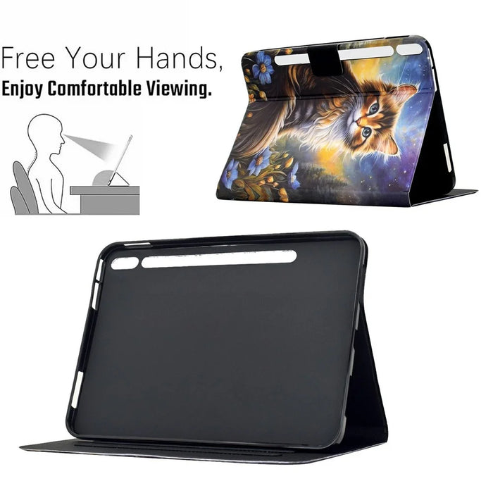For Samsung Galaxy Tab S9+ Case Pattern Printing Stand Leather Tablet Cover with Card Slots - Starry Night Cat - 6