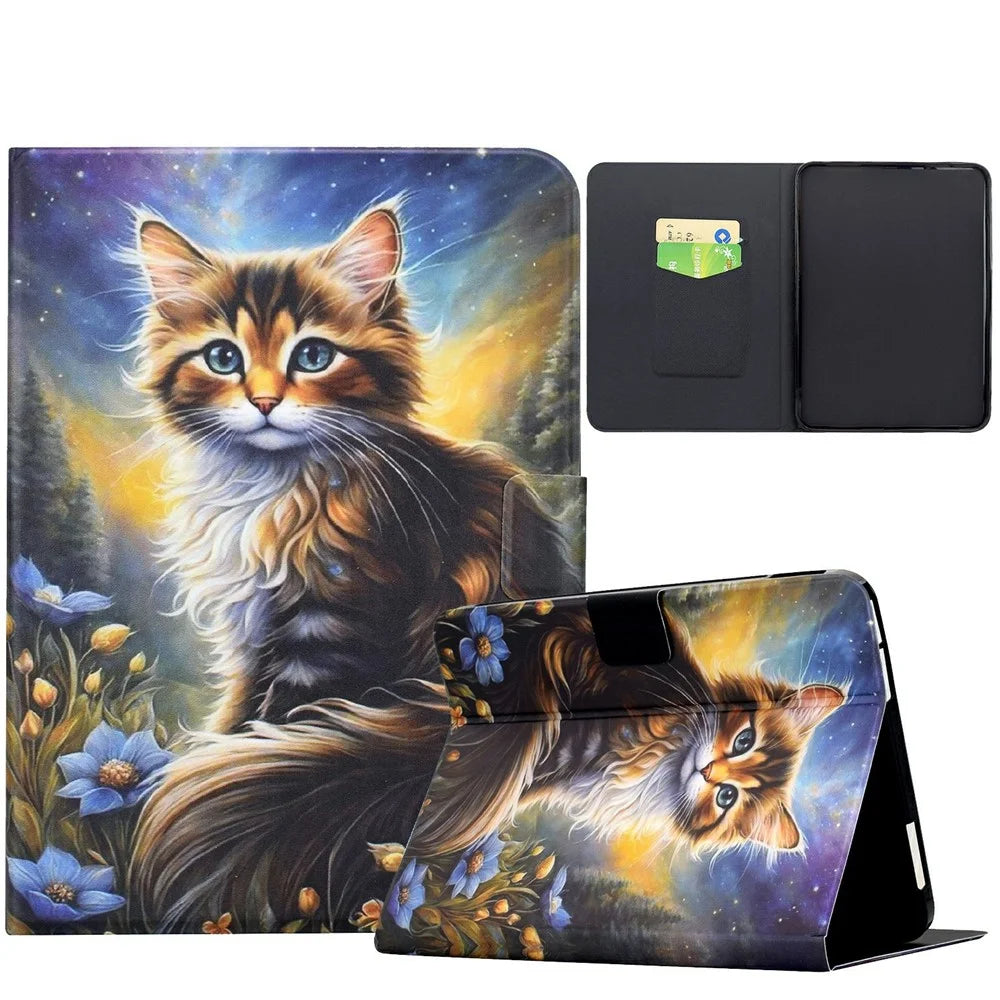 For Amazon Kindle 11th (2024) Case Pattern Printing Stand Leather Tablet Cover with Card Slots - Starry Night Cat - 1