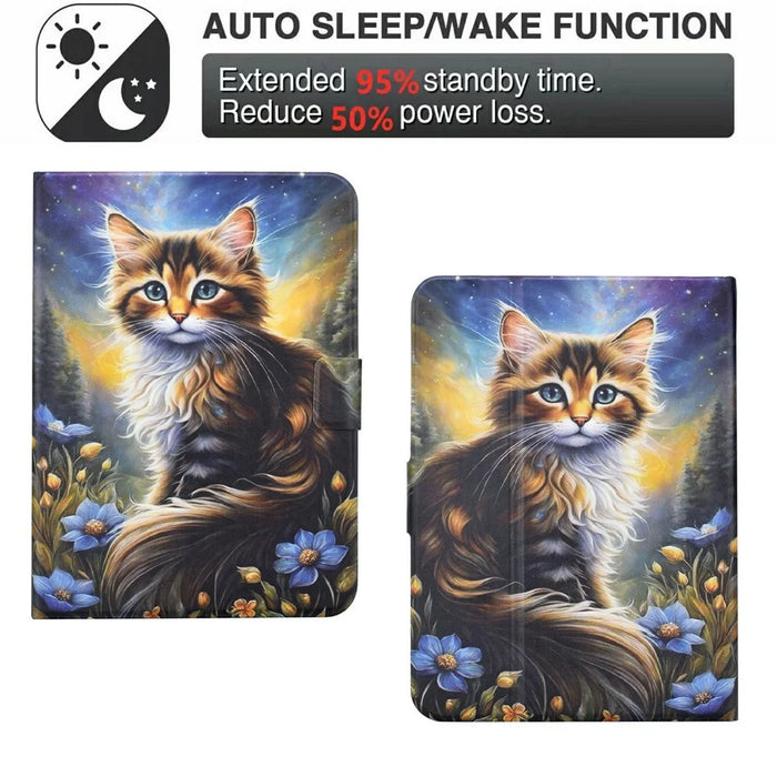 For Amazon Kindle 11th (2024) Case Pattern Printing Stand Leather Tablet Cover with Card Slots - Starry Night Cat - 5