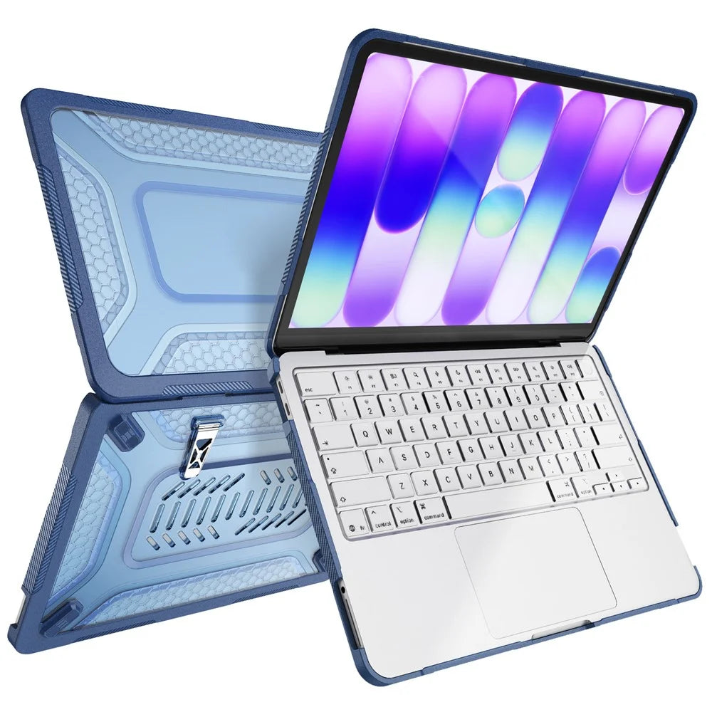 For MacBook Neo 13 inch (2026) Protective Case with Metal Kickstand Honeycomb Cooling Design PC+TPU Laptop Cover - Navy Blue - 3