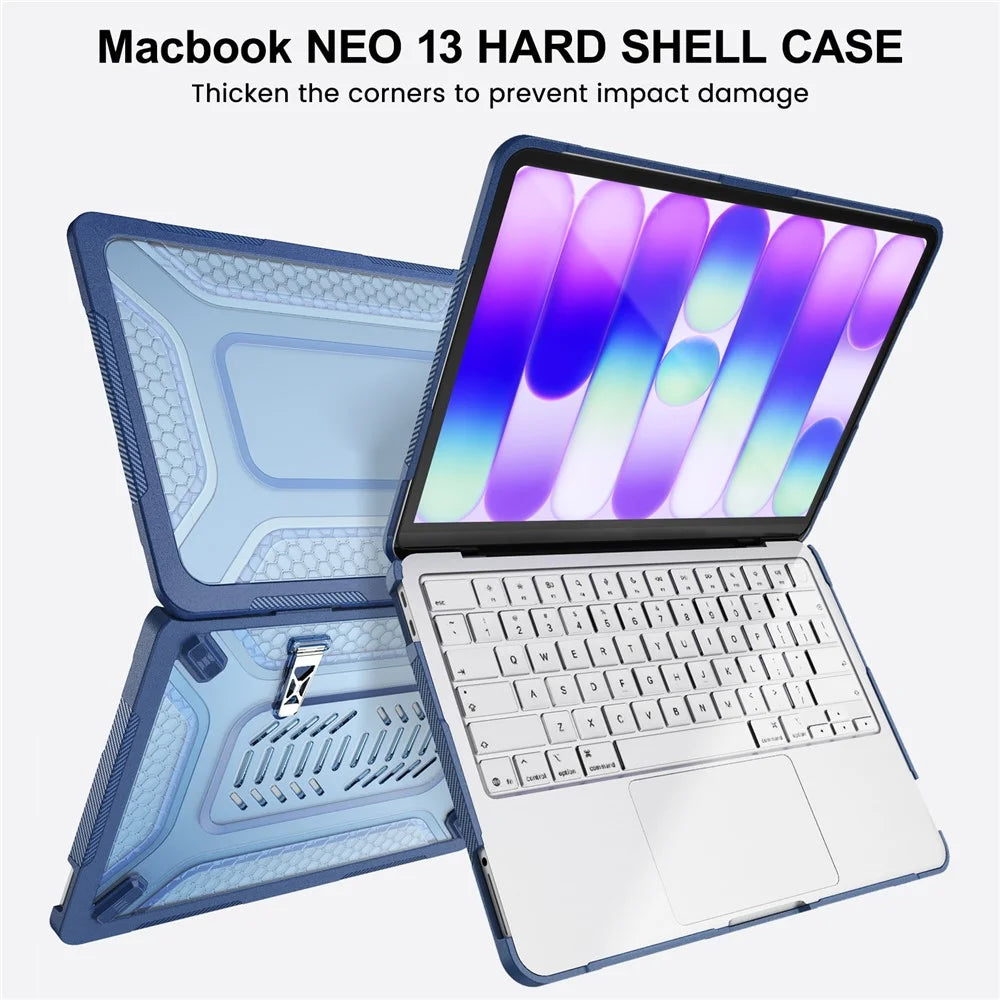 For MacBook Neo 13 inch (2026) Protective Case with Metal Kickstand Honeycomb Cooling Design PC+TPU Laptop Cover - Navy Blue - 6
