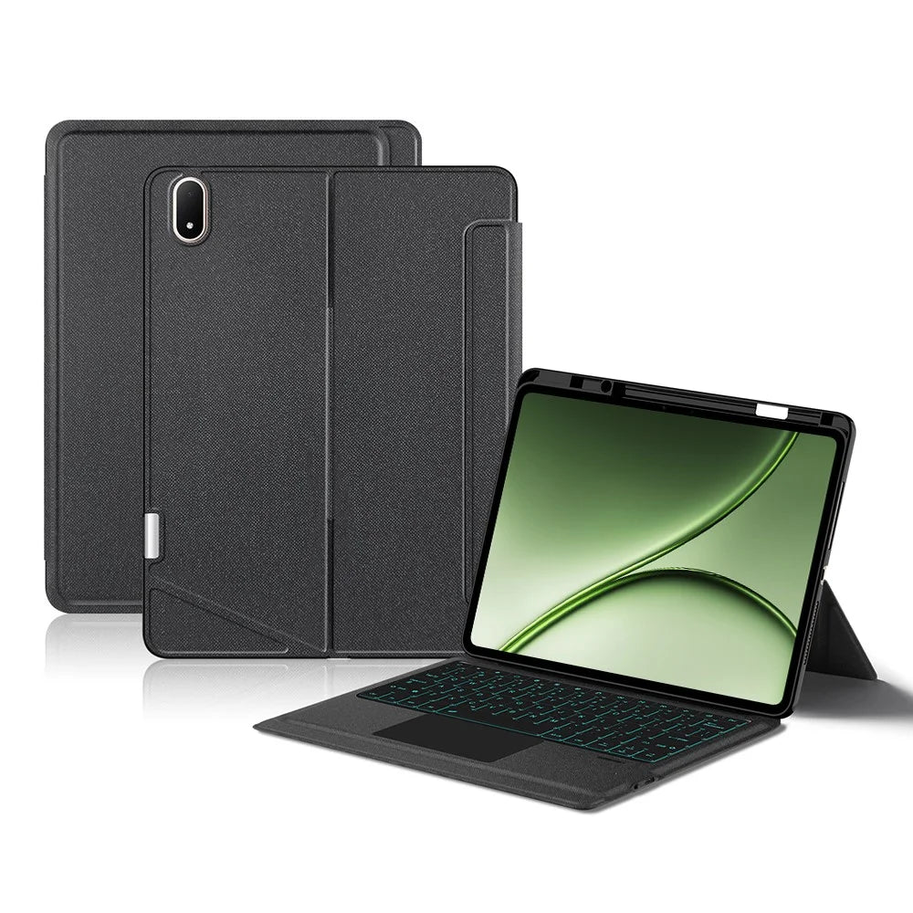 For OnePlus Pad 3 Pro Leather Case + Bluetooth-Compatible Keyboard with Backlight Trackpad - Black - 1