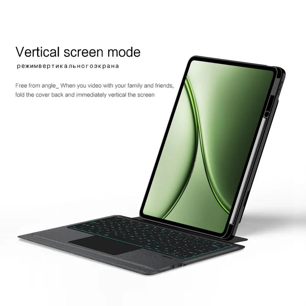 For OnePlus Pad 3 Pro Leather Case + Bluetooth-Compatible Keyboard with Backlight Trackpad - Black - 7