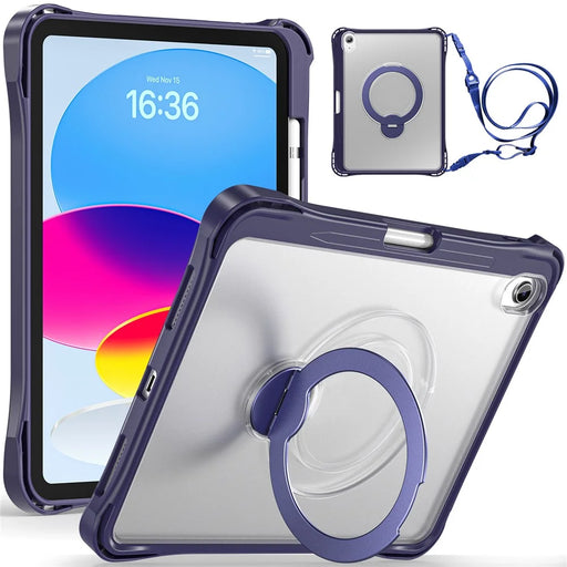 For iPad (2025) / iPad 10.9 (2022) Case Rotating Kickstand PC + TPU Shockproof Tablet Cover with Shoulder Strap - Navy Blue - 1