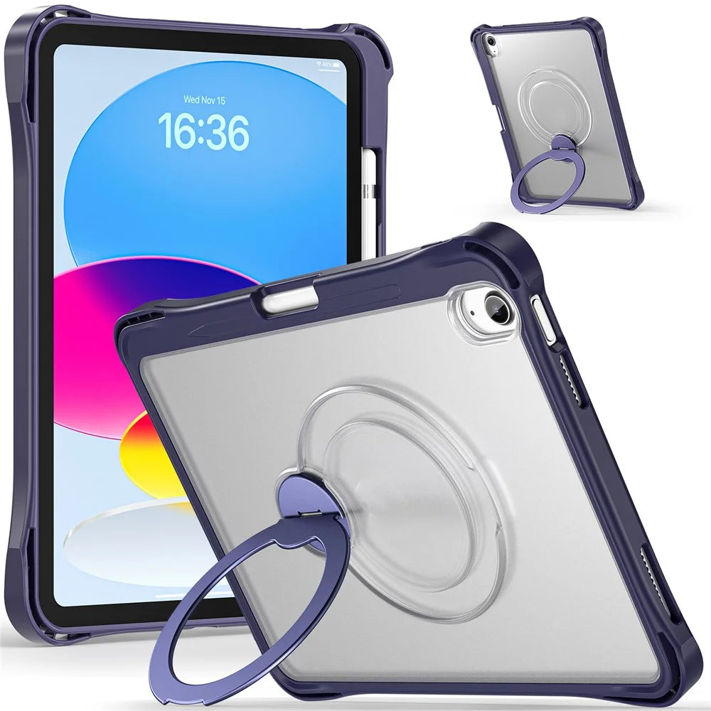 For iPad (2025) / iPad 10.9 (2022) Case Rotating Kickstand PC + TPU Shockproof Tablet Cover with Shoulder Strap - Navy Blue - 4