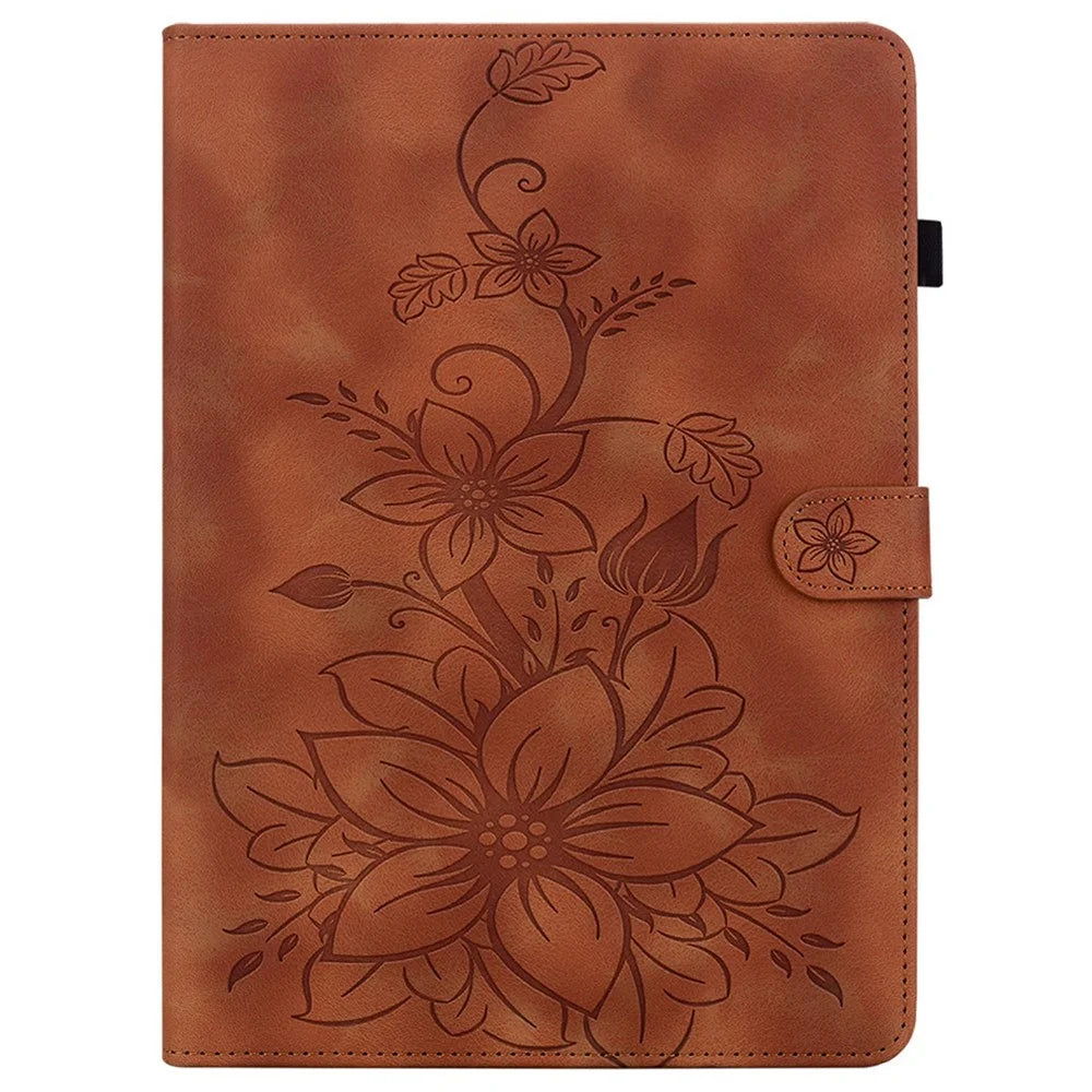 For Lenovo Tab Gen 5 / Legion Y700 (Gen 5) Case Lily Flower Imprint Card Slots Leather Tablet Cover - Brown - 5