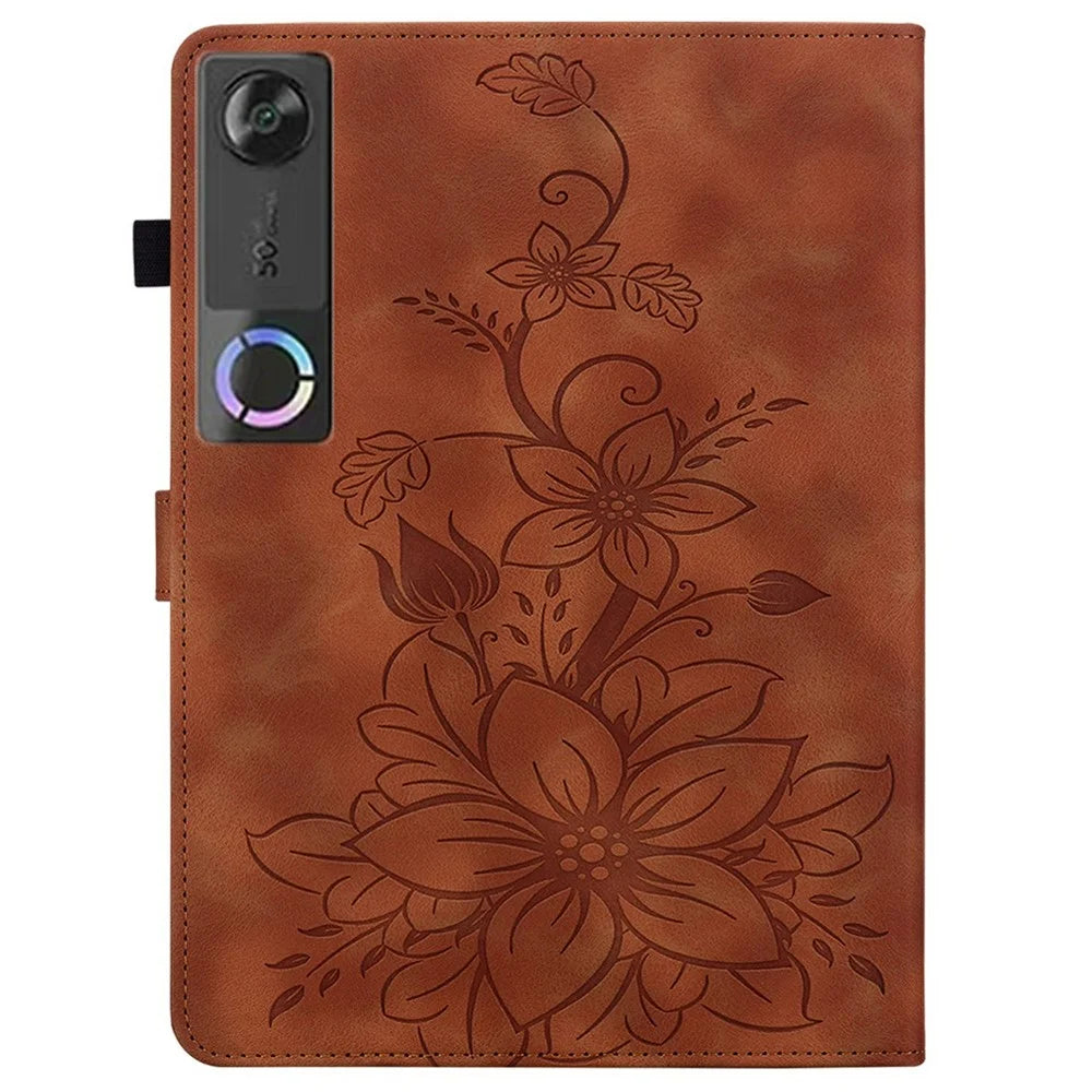 For Lenovo Tab Gen 5 / Legion Y700 (Gen 5) Case Lily Flower Imprint Card Slots Leather Tablet Cover - Brown - 6