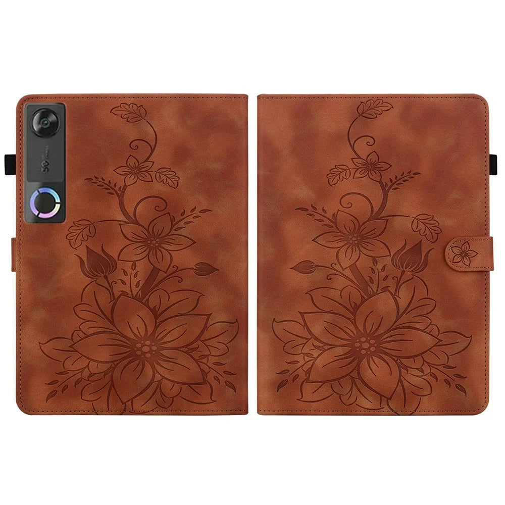 For Lenovo Tab Gen 5 / Legion Y700 (Gen 5) Case Lily Flower Imprint Card Slots Leather Tablet Cover - Brown - 7