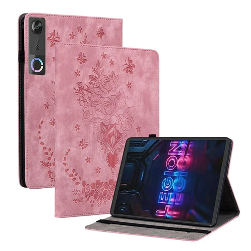 For Lenovo Tab Gen 5 / Legion Y700 (Gen 5) Case Card Holder Anti-Scratch Leather Cover Rose Flower Imprint - Pink - 1