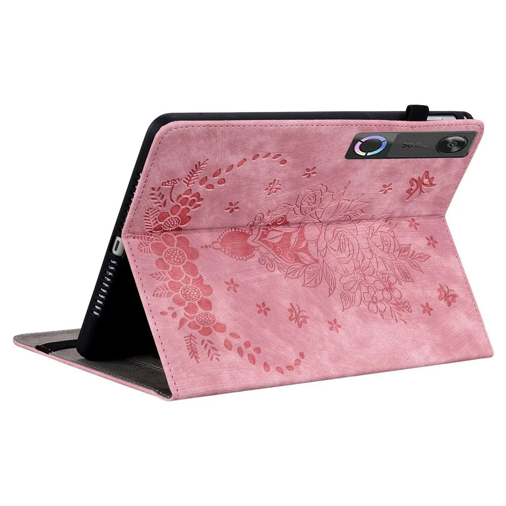 For Lenovo Tab Gen 5 / Legion Y700 (Gen 5) Case Card Holder Anti-Scratch Leather Cover Rose Flower Imprint - Pink - 4