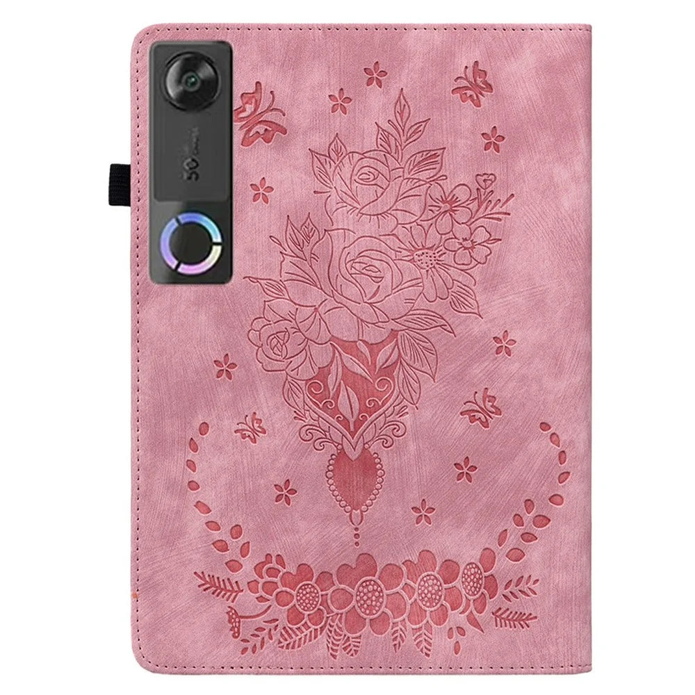 For Lenovo Tab Gen 5 / Legion Y700 (Gen 5) Case Card Holder Anti-Scratch Leather Cover Rose Flower Imprint - Pink - 6