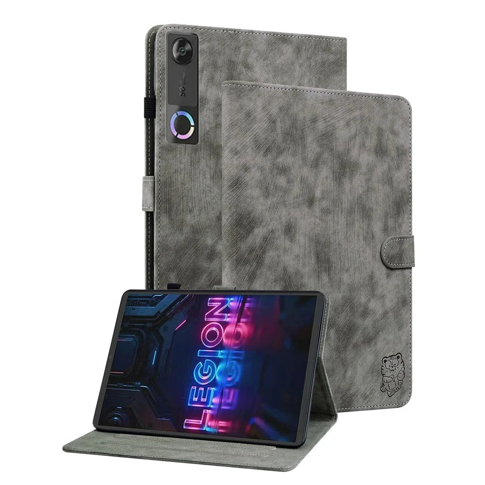 For Lenovo Tab Gen 5 / Legion Y700 (Gen 5) Case Tiger Imprint Anti-Scratch PU Leather Tablet Cover - Grey - 1
