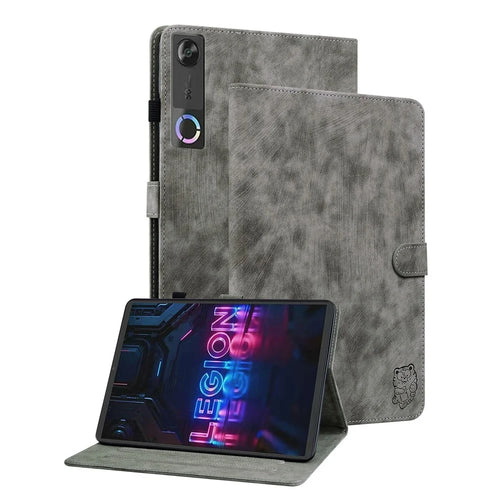 For Lenovo Tab Gen 5 / Legion Y700 (Gen 5) Case Tiger Imprint Anti-Scratch PU Leather Tablet Cover - Grey - 1