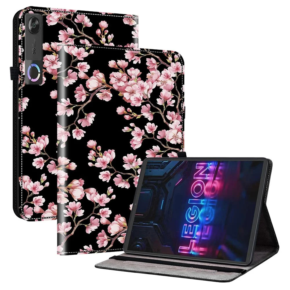For Lenovo Tab Gen 5 / Legion Y700 (Gen 5) Leather Case Pattern Printed Stand Tablet Cover with Card Slots - Plum Blossom - 1