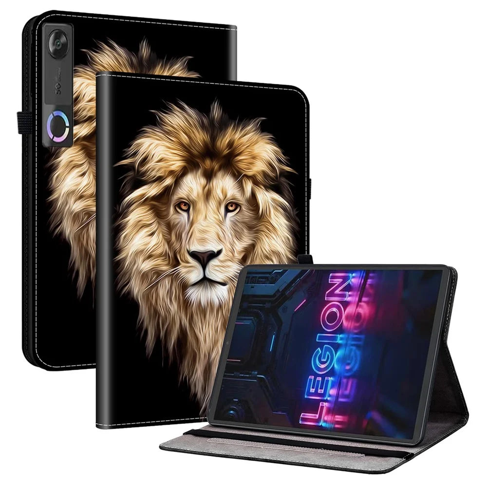 For Lenovo Tab Gen 5 / Legion Y700 (Gen 5) Leather Case Pattern Printed Stand Tablet Cover with Card Slots - Lion Head - 1
