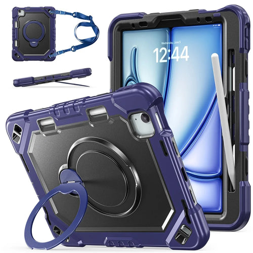 Kickstand Tablet Case for iPad Air 11 (2026) / (2025) / (2024) / Air (2022) / (2020) / Pro 11 (2022) / (2021) / (2020) / (2018) TPU + PC + Silicone Cover with Shoulder Strap - Navy Blue+Black - 1