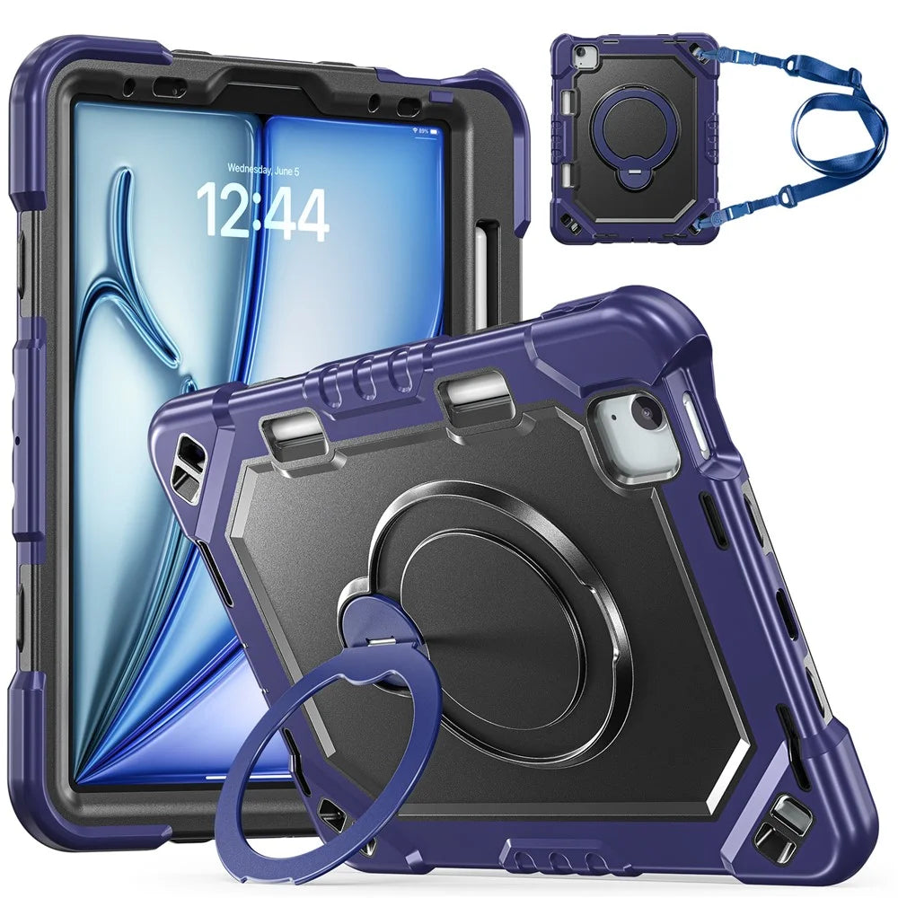 Kickstand Tablet Case for iPad Air 11 (2026) / (2025) / (2024) / Air (2022) / (2020) / Pro 11 (2022) / (2021) / (2020) / (2018) TPU + PC + Silicone Cover with Shoulder Strap - Navy Blue+Black - 3